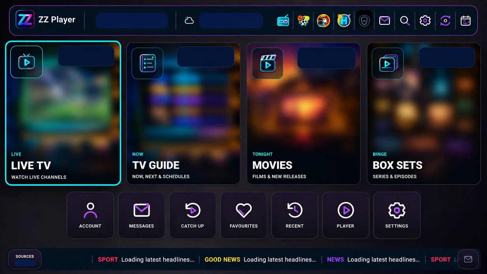 Edited shared development home screen: four navigation tiles with obscured imagery and account details