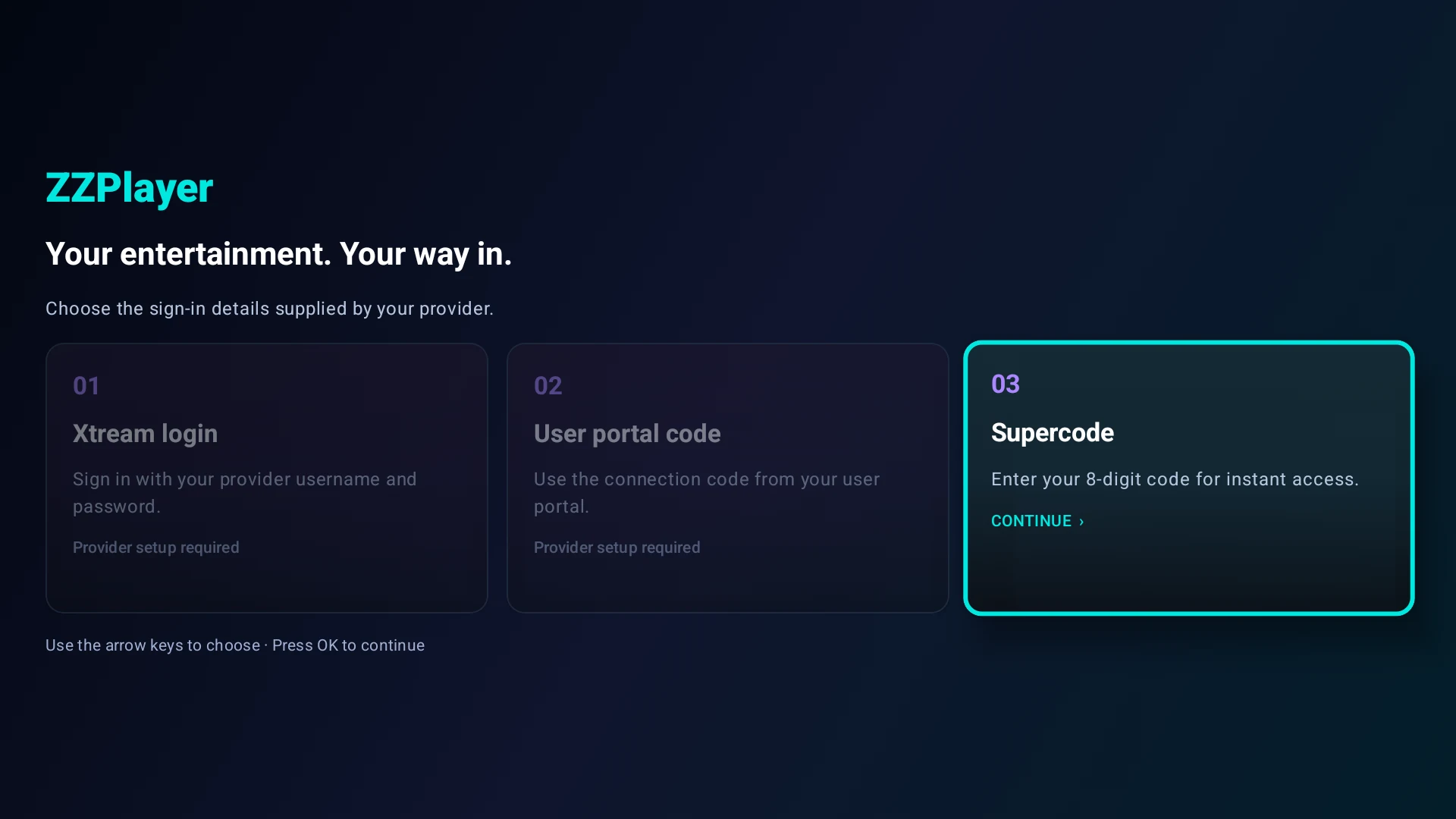 ZZ Player development login screen without private account details