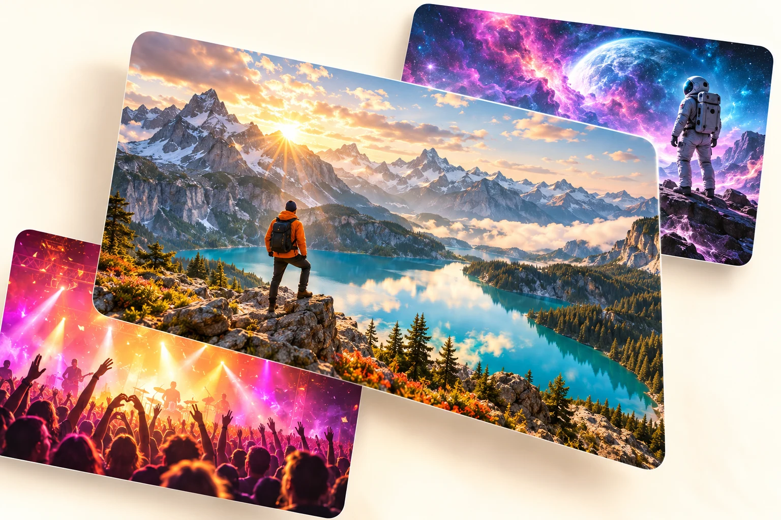 Original cinematic artwork: an alpine adventure, a colourful space scene and a live-music crowd
